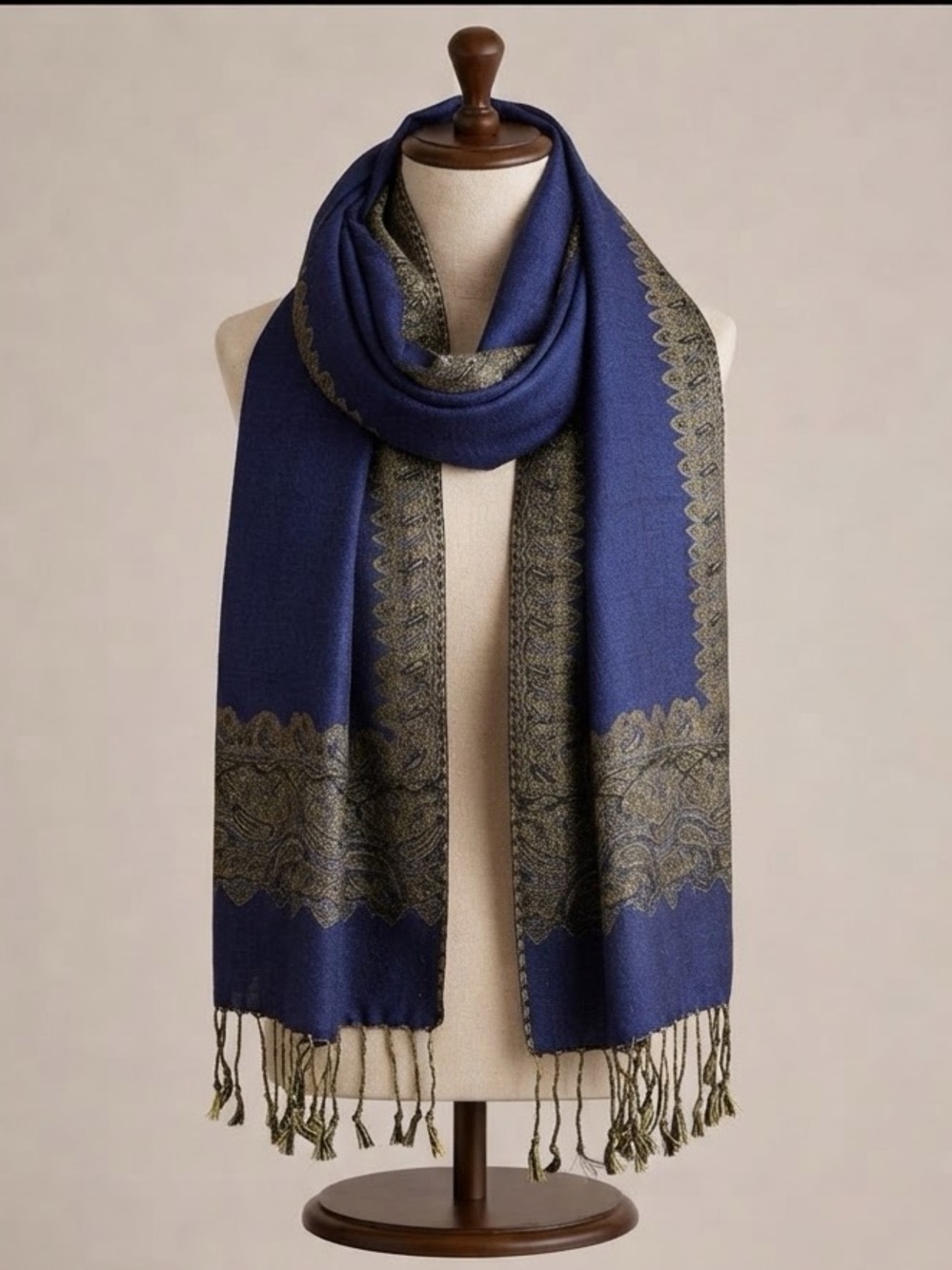 Pashmina Silk Feel Scarf Reversible Blue Gold Paisley Fringe Wrap Shawl Bohemian